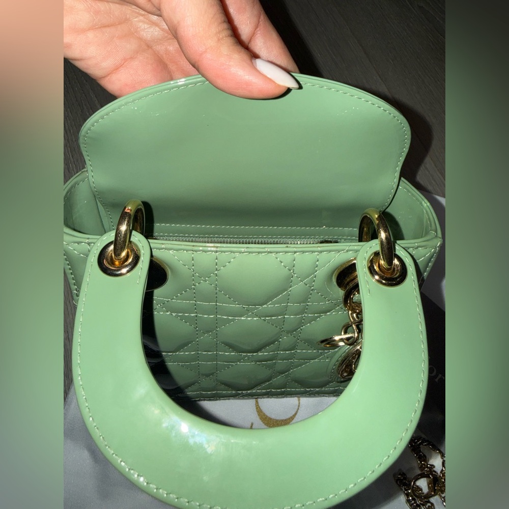 CHRISTIAN DIOR Patent Cannage Mini Lady Dior Mint Green Chain Strap - Picture 12 of 13